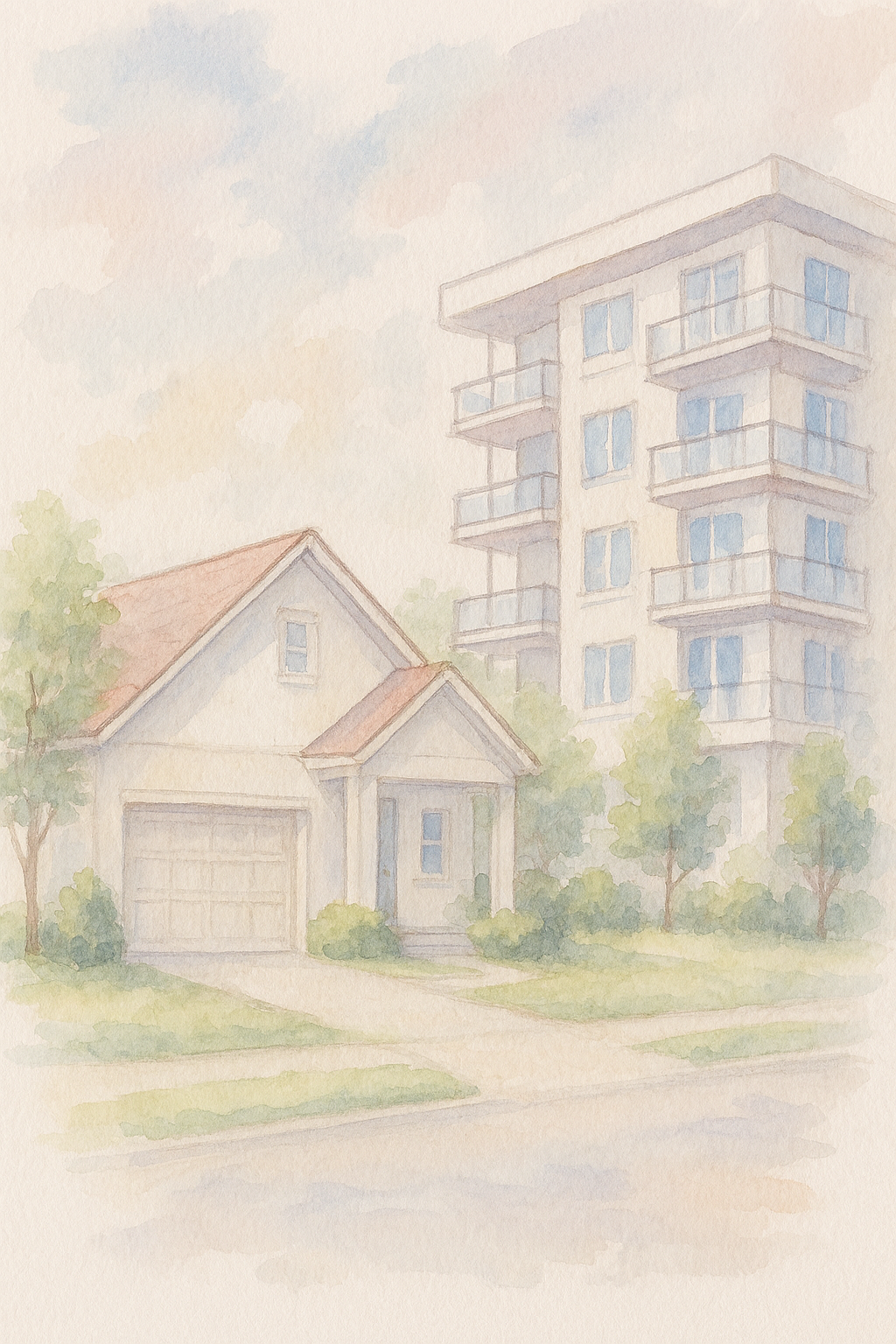 house and condo picture into like a watercolour painting, pastel colours, mostly white toned