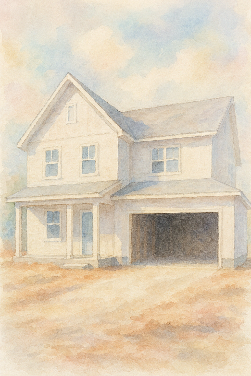 post construction house picture, like watercolour painting, pastel colours, mostly white toned