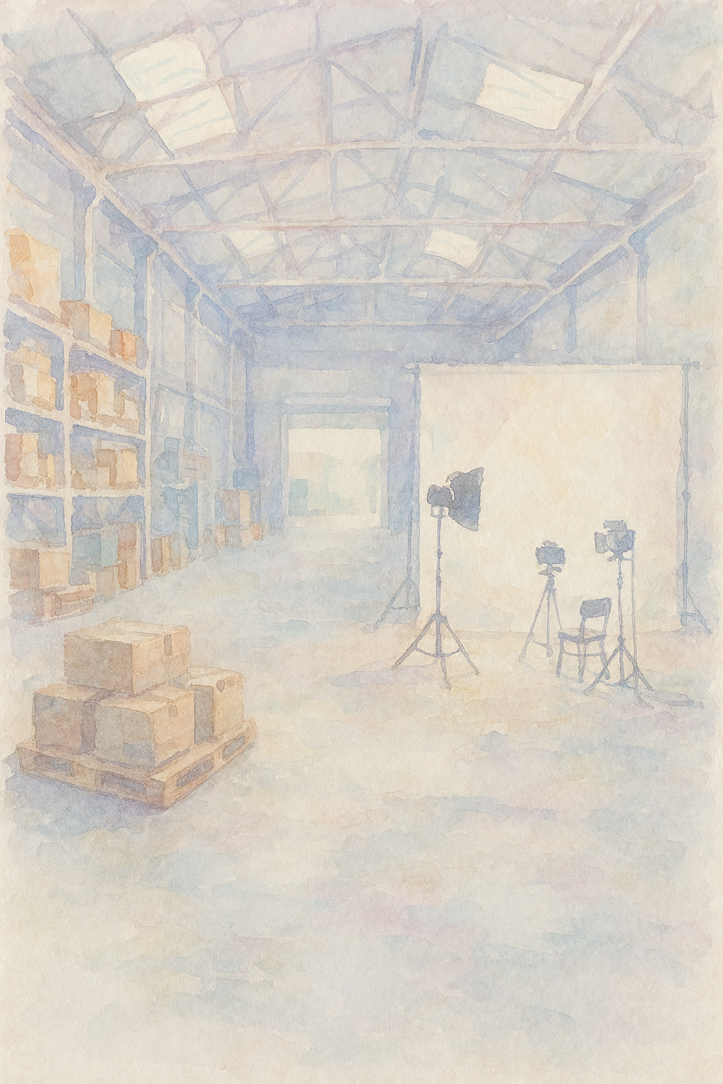 warehouse and film studio picture into like a watercolour painting, pastel colours, mostly white ton